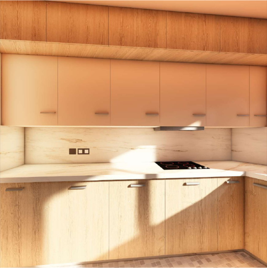 Warm minimalist bedroom render